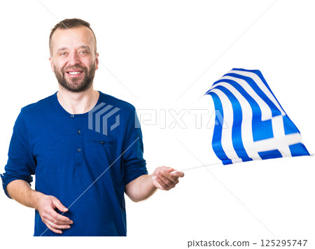 Man with greek waving flag, on white 125295747