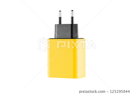 adapter for charger with USB and Type C connector, yellow, on isolated or white background 125295844