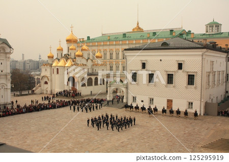 Moscow, Russia April 17, 2010: Military personnel of the Presidential Regiment demonstrate a ceremonial display of foot and horse guards in the Kremlin Moscow, Russia April 17, 2010: Military personnel of the Presidential Regiment demonstrate a ceremonial display of foot and horse guards in the Kremlin 125295919