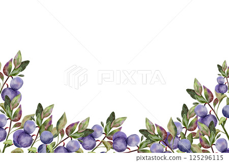 Blueberry border with green leaves on branch, hand drawn watercolor, ripe forest berry. Isolated frame botanical illustration for restaurant, cafe menu, wedding, farmers market 125296115