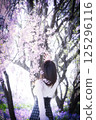 A woman looking up at the cherry tree 125296116