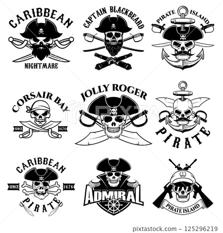 Set of pirates logo, labels, emblems and design elements. Corsairs. Pirate bay. Vector illustration. 125296219