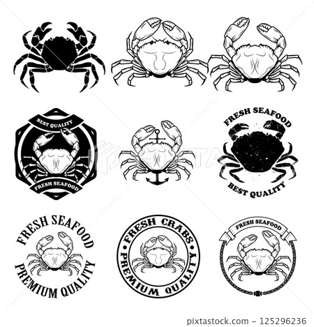 Set of the crab meat labels, emblems and design elements. Crab icons. Crab logo template. Crabs silhouettes. Vector design elements. Set of the crab meat labels, emblems and design elements. Crab icons. Crab logo template. Crabs silhouettes. Vector design elements. 125296236