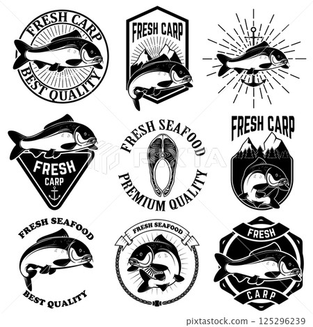 Set of the fresh carp labels, emblems and design elements. Carp fishing.  Design element for logo, label, emblem, sign. Vector illustration. 125296239