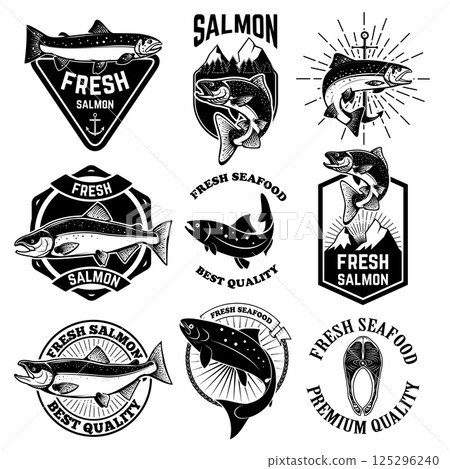 Set of the fresh salmon labels, emblems and design elements.Fresh salmon icons. Salmon fishing. Vector design elements. Set of the fresh salmon labels, emblems and design elements.Fresh salmon icons. Salmon fishing. Vector design elements. 125296240