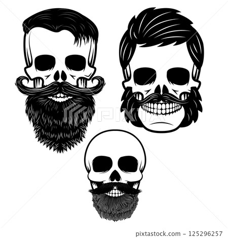 Set of the skulls with hairstyle and hats. Design elements for emblem, sign, poster, t-shirt print. Vector illustration. 125296257
