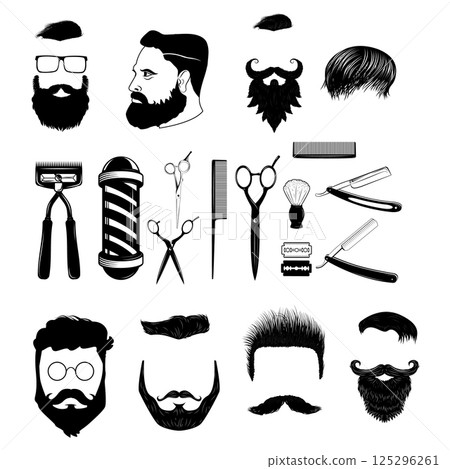 Set of vintage barber monochrome icons and design elements isolated on white background. Man hairstyle icons. Design elements for logo, label, emblem, badge, sign. Vector illustration. 125296261