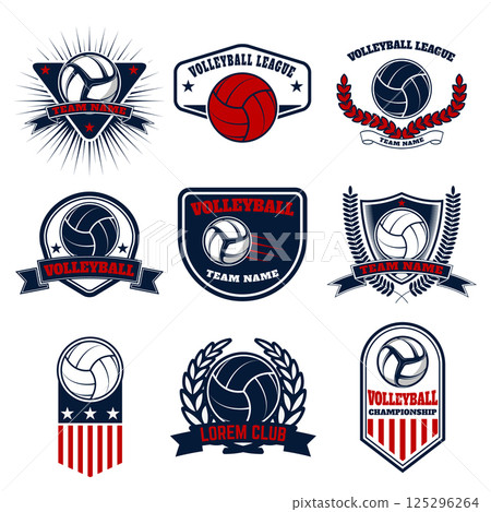 Set of volleyball labels and emblems. Design elements for logo, label, emblem, badge, sign. Vector illustration. 125296264