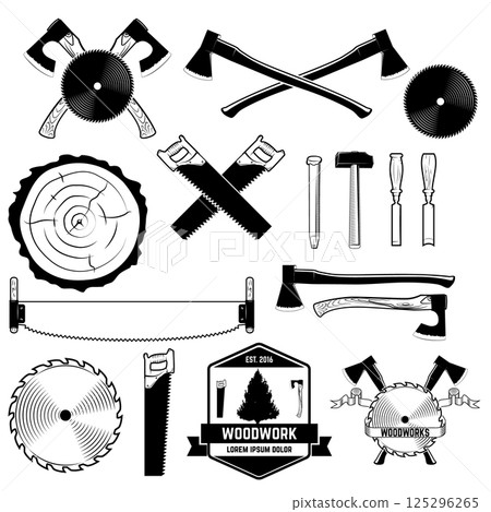 Set of woodworks, carpentry labels, emblems and design elements. element for logo, label, emblem, sign, brand mark. Vector illustration. Set of woodworks, carpentry labels, emblems and design elements. element for logo, label, emblem, sign, brand mark. Vector illustration. 125296265