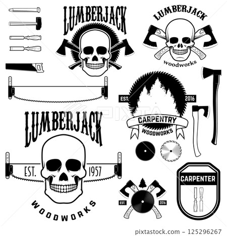 Set of woodworks, carpentry labels, emblems and design elements. element for logo, label, emblem, sign, brand mark. Vector illustration. Set of woodworks, carpentry labels, emblems and design elements. element for logo, label, emblem, sign, brand mark. Vector illustration. 125296267