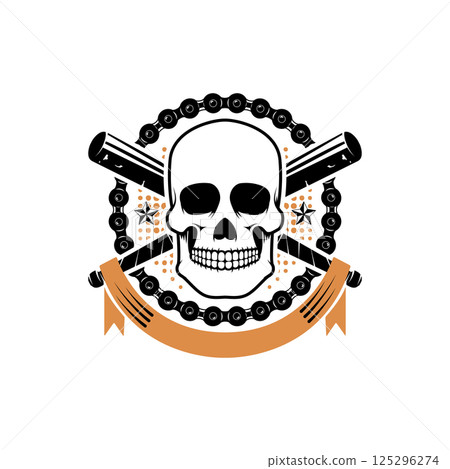 Skull with crossed baseball bats. Design elements for t-shirt print, poster template. Vector illustration. Skull with crossed baseball bats. Design elements for t-shirt print, poster template. Vector illustration. 125296274