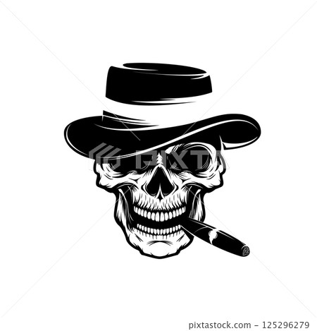 Skull with cigar and hat. Design element for emblem, badge, sign, t-shirt print. Vector illustration. 125296279