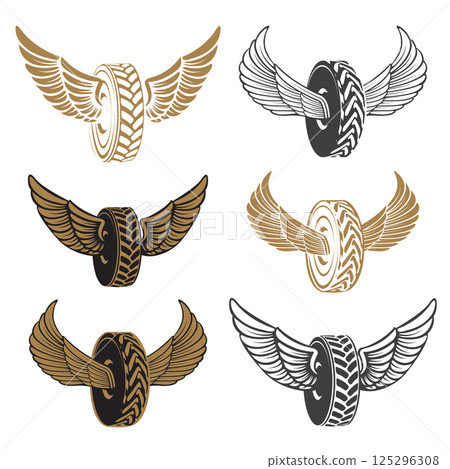 Tire service. Car repair. Winged wheels. Design elements for logo, label, emblem. Vector illustration. Tire service. Car repair. Winged wheels. Design elements for logo, label, emblem. Vector illustration. 125296308