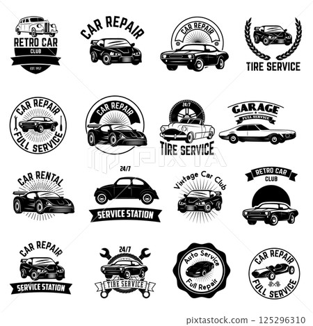 Set of Car repair service labels. Retro vector design graphic element, emblem, logo, insignia, sign, identity, logotype, poster. Vector design elements. Set of Car repair service labels. Retro vector design graphic element, emblem, logo, insignia, sign, identity, logotype, poster. Vector design elements. 125296310