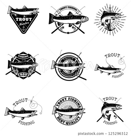 Set of trout fishing labels. Fishing club, team emblems templates. Vector illustration. 125296312