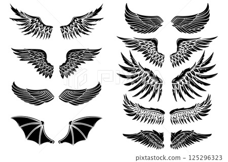 Set of vector wings isolated on white background. Design elements for logo, label, emblem, sign, brand mark. Vector illustration. Set of vector wings isolated on white background. Design elements for logo, label, emblem, sign, brand mark. Vector illustration. 125296323
