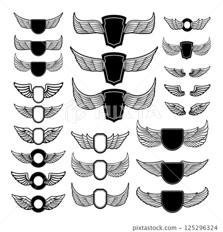 Set of vector emblems with wings. Design elements for logo, label, emblem, sign. Vector illustration. Set of vector emblems with wings. Design elements for logo, label, emblem, sign. Vector illustration. 125296324