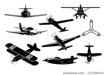 Set of Vintage airplanes from different angles. Planes silhouettes. Logotype, emblem,label design elements in vector. 125296424