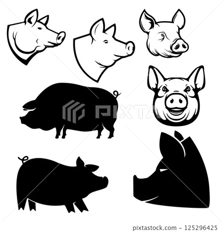 Set of Pork labels. Pig silhouettes and heads. Design elements for logo, label, emblem, sign, brand mark. Vector illustration. 125296425