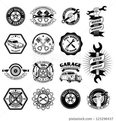 Logo for repair workshop. Emblem mechanics. Tools mechanics - open-end wrench, adjustable wrench. Hand with a spanner. Logo workshop in the old school style. Logo for repair workshop. Emblem mechanics. Tools mechanics - open-end wrench, adjustable wrench. Hand with a spanner. Logo workshop in the old school style. 125296437