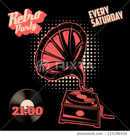 Retro party vintage poster template. Vintage style gramophone on grunge background. Design element for flyer, poster. Vector illustration. 125296439