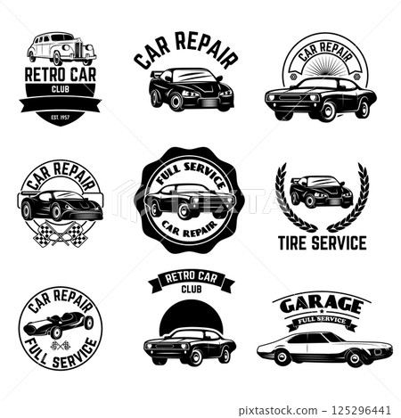 Set of Retro car club labels. Retro vector design graphic element, emblem, logo, insignia, sign, identity, logotype, poster. Vector design elements. 125296441