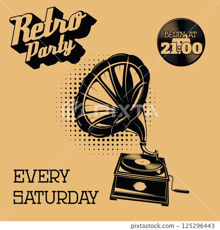 Retro party vintage poster template. Vintage style gramophone on grunge background. Design element for flyer, poster. Vector illustration. 125296443