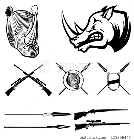 Rhinoceros, African spears, hunting rifle. A set of vector elements for design 125296445