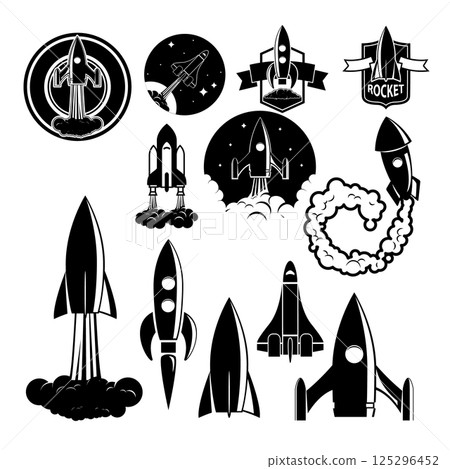 Set of the vector rockets labels. Spaceships silhouettes collection. Label and emblem design template. Vectordesign elements. Set of the vector rockets labels. Spaceships silhouettes collection. Label and emblem design template. Vectordesign elements. 125296452