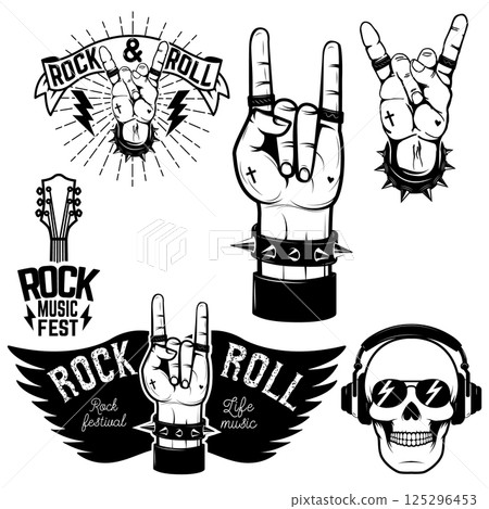 Set of the human hands with Rock and roll symbol. Rock and roll festival. Design elements for poster, emblem. Vector illustration. 125296453