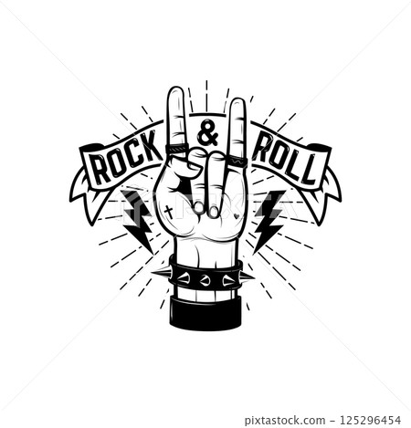 Rock and roll sign. Human hand with heavy metal sign. Rock and roll poster template. Vector illustration. 125296454