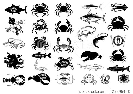 seafood menu labels set. Design elements for logo, label, emblem, sign, brand mark, restaurant menu, poster. Vector illustration. 125296468