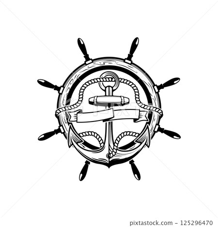 Sea adventures. Coast guard. Anchor with rope and ribbons on background with steering wheel. Ship helm. Design element for logo, label, emblem, sign, t-short print, sign. Vector illustration. Sea adventures. Coast guard. Anchor with rope and ribbons on background with steering wheel. Ship helm. Design element for logo, label, emblem, sign, t-short print, sign. Vector illustration. 125296470