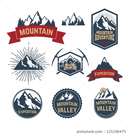 Set of the mountain exploration labels, emblems and design elements. Vector labels with mountains, trees, ice axe. Adventure, outdoor activity symbols. 125296475