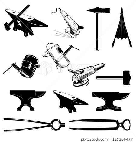 Set of anvils,hammers and design elements for blacksmith labels and badges. 125296477