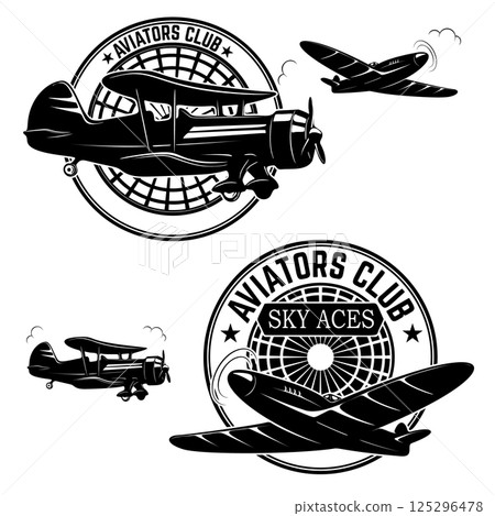 Set of aviators club labels. Retro planes. Design elements for logo, label, emblem, sign, brand mark. Vector illustration. Set of aviators club labels. Retro planes. Design elements for logo, label, emblem, sign, brand mark. Vector illustration. 125296478