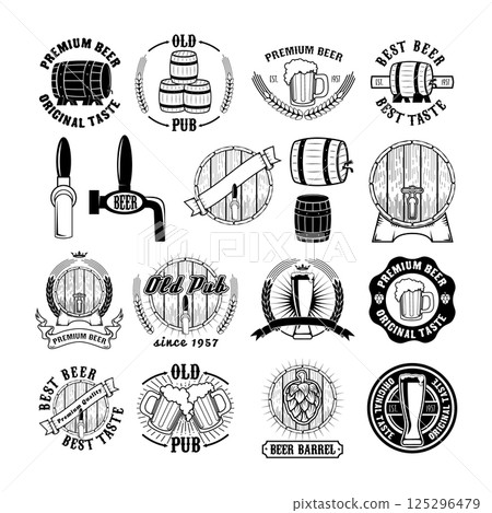 Set of beer labels, badges and design elements. Beer barrel. Beer barrel icons. Old pub. Premium beer. Design elements in vector. Set of beer labels, badges and design elements. Beer barrel. Beer barrel icons. Old pub. Premium beer. Design elements in vector. 125296479