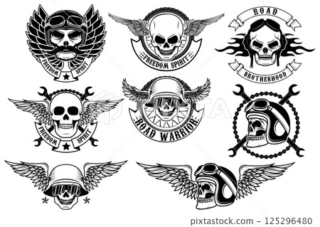 Set of motorcycle club labels templates.Skulls in motorcycle helmets with wings. Design elements for logo, label, emblem, sign, badge. Vector illustrations. Set of motorcycle club labels templates.Skulls in motorcycle helmets with wings. Design elements for logo, label, emblem, sign, badge. Vector illustrations. 125296480