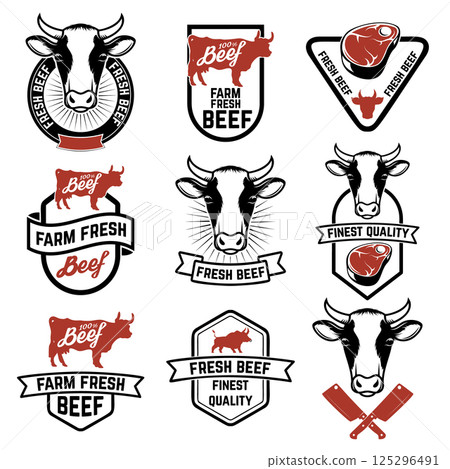 Set of fresh beef labels. Cow meat. Butcher shop. Fresh meat. Design elements for logo, label, emblem, sign, brand mark. Vector illustration. 125296491