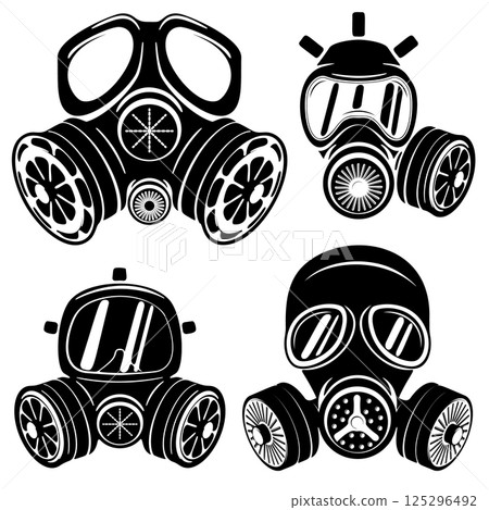 Set of gas masks isolated on white background. Design element for logo, label, emblem, sign, brand mark. Vector illustration. Set of gas masks isolated on white background. Design element for logo, label, emblem, sign, brand mark. Vector illustration. 125296492
