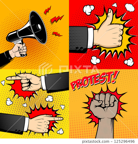 Set of Human hands in pop art style. Like sign. Hand with megaphone. Human fist. Design elements for poster, flyer. Vector illustration. Set of Human hands in pop art style. Like sign. Hand with megaphone. Human fist. Design elements for poster, flyer. Vector illustration. 125296496