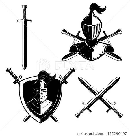 Set of knights helmets isolated on white background. Design elements for logo, label, emblem, sign, badge, brand mark. Set of knights helmets isolated on white background. Design elements for logo, label, emblem, sign, badge, brand mark. 125296497