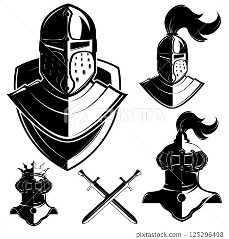 Set of knights helmets isolated on white background. Design elements for logo, label, emblem, sign, badge, brand mark. 125296498
