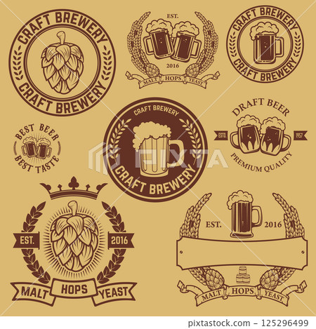 Set of labels templates with beer mug. Beer emblems. Bar. Pub. Design elements for logo, label, emblem, sign, brand mark. Vector illustration. 125296499