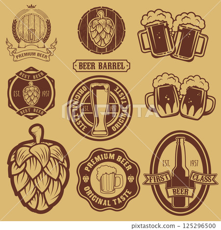 Set of labels templates with beer mug. Beer emblems. Bar. Pub. Design elements for logo, label, emblem, sign, brand mark. Vector illustration. Set of labels templates with beer mug. Beer emblems. Bar. Pub. Design elements for logo, label, emblem, sign, brand mark. Vector illustration. 125296500