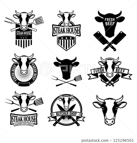 Set of labels with cow heads. Steak house, Fresh beef, butcher shop, grill. Design element for logo, label, emblem, sign, badge. Vector illustration. Set of labels with cow heads. Steak house, Fresh beef, butcher shop, grill. Design element for logo, label, emblem, sign, badge. Vector illustration. 125296501