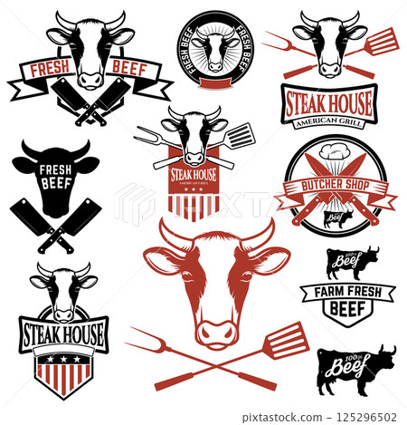 Set of fresh beef labels. Cow meat. Butcher shop. Fresh meat. Design elements for logo, label, emblem, sign, brand mark. Vector illustration. Set of fresh beef labels. Cow meat. Butcher shop. Fresh meat. Design elements for logo, label, emblem, sign, brand mark. Vector illustration. 125296502
