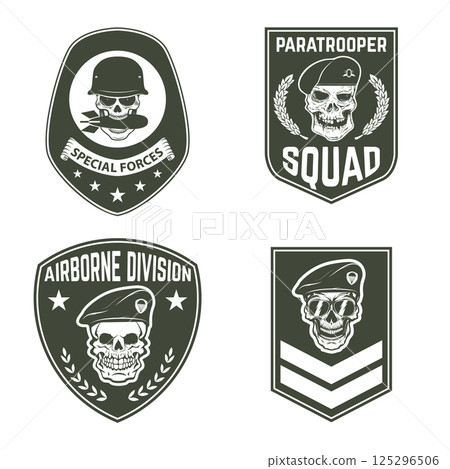 Set of military emblems templates. Skull in paratrooper beret. Skull in soldier helmet.  Design element for logo, label, emblem, sign, brand mark. Vector illustration. 125296506