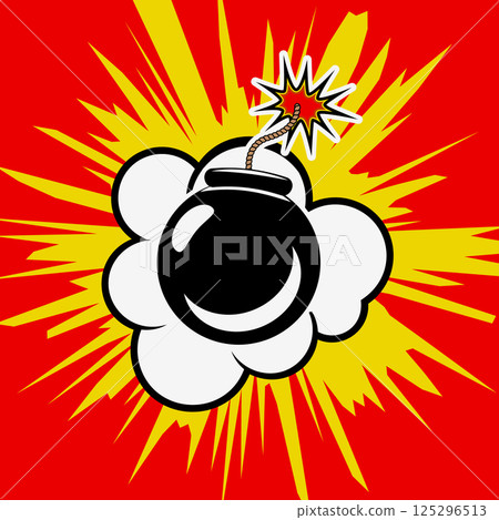 Boom! Comic style phrase on colorful background. Cartoon bomb explosion. Vector illustration. Boom! Comic style phrase on colorful background. Cartoon bomb explosion. Vector illustration. 125296513