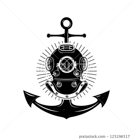Born to dive. Vintage style diver helmet with anchor isolated on white background. Diving club or school emblem template. Vector illustration. Born to dive. Vintage style diver helmet with anchor isolated on white background. Diving club or school emblem template. Vector illustration. 125296517